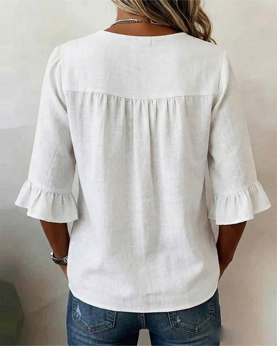 Blouses Unies Coton-Lin Boutons En Bois Volants