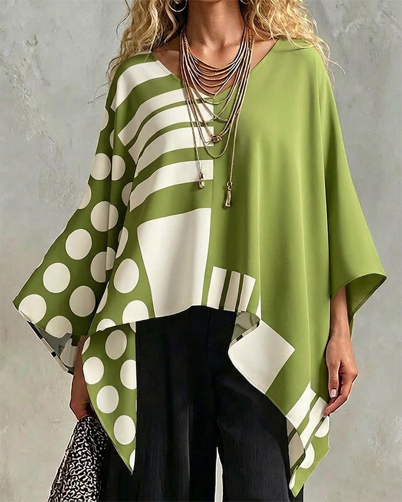 Blouse Polka Dot Rayure Patchwork V Encollure