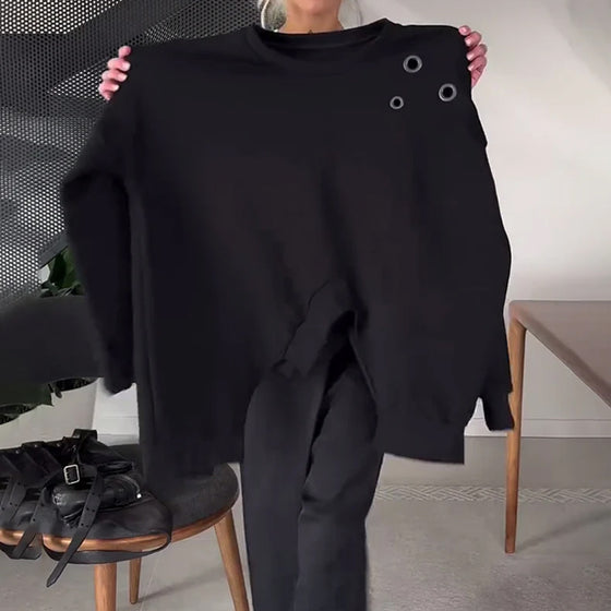 Sweat-shirt décontracté à col rond et fente de couleur unie