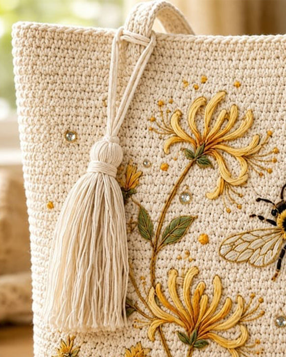 Sac Fait Main Crochet Abeille Brodé Tote