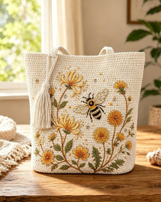 Sac Fait Main Crochet Abeille Brodé Tote