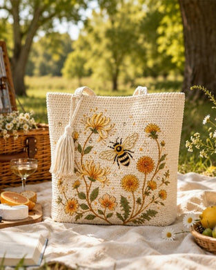 Sac Fait Main Crochet Abeille Brodé Tote