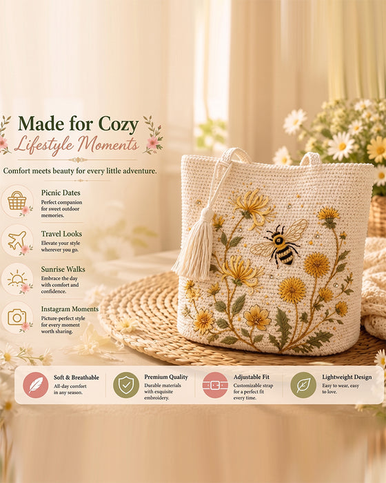 Sac Fait Main Crochet Abeille Brodé Tote