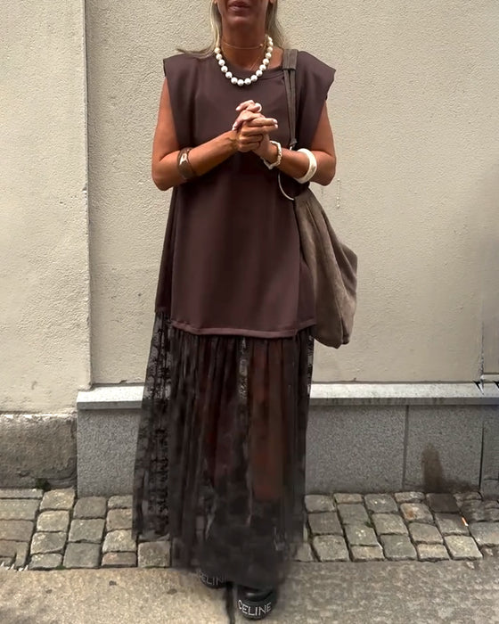 Robe sans Manches en Mesh et Patchwork