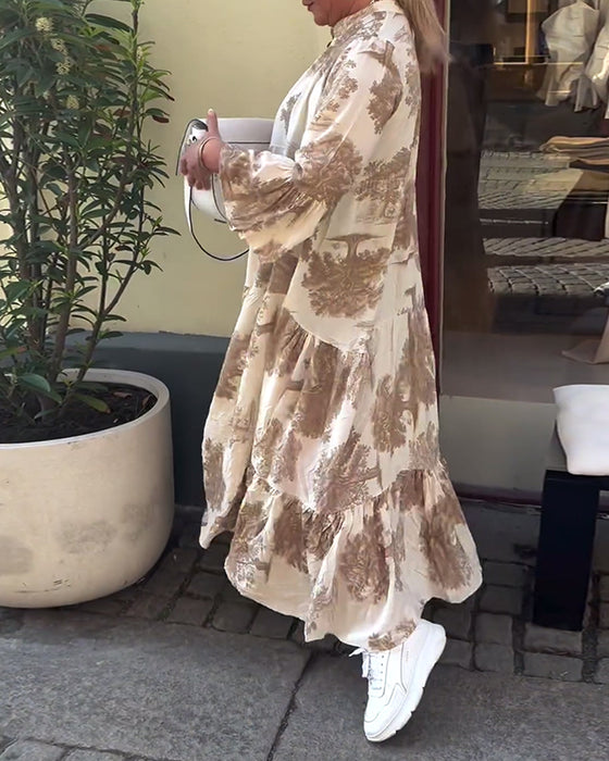 Robe patchwork ample imprimée à col en V et manches cloche