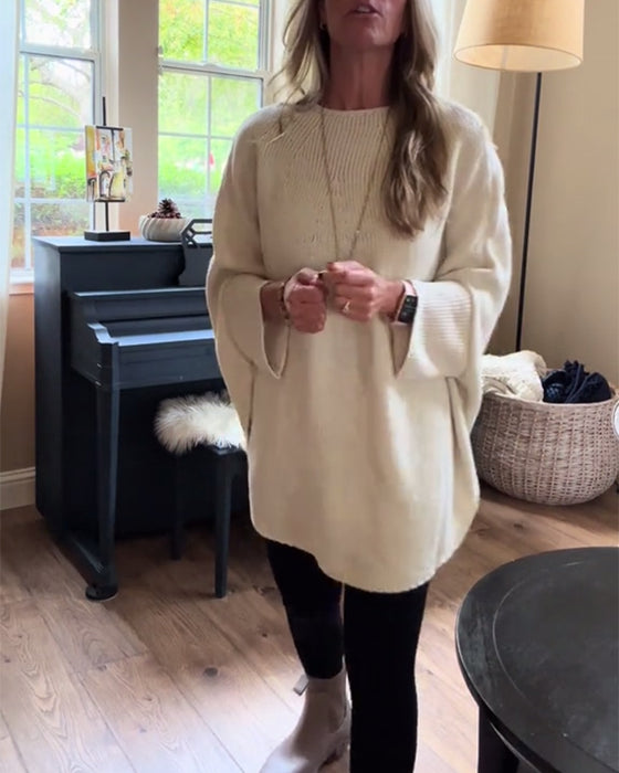 Pull tendance à manches chauve-souris et col rond de couleur unie