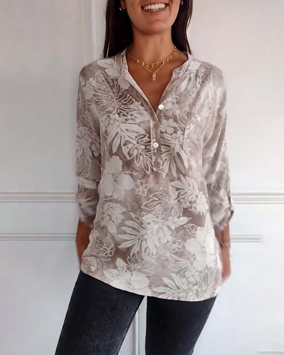 Haut imprimé feuilles à sequins patchwork