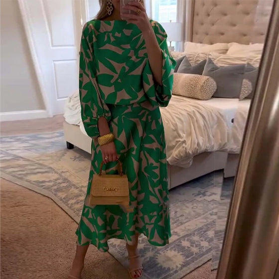 Ensemble Robe Décontractée Imprimé Manches Lanterne Tempérament