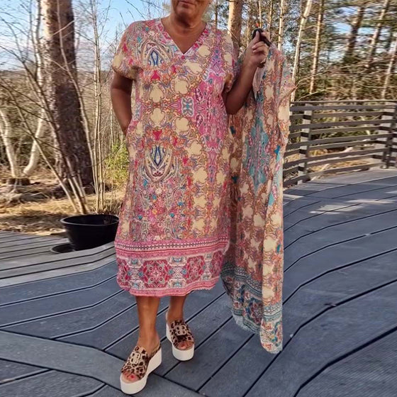 Robe Col En V Manches Courtes Imprimée Droite