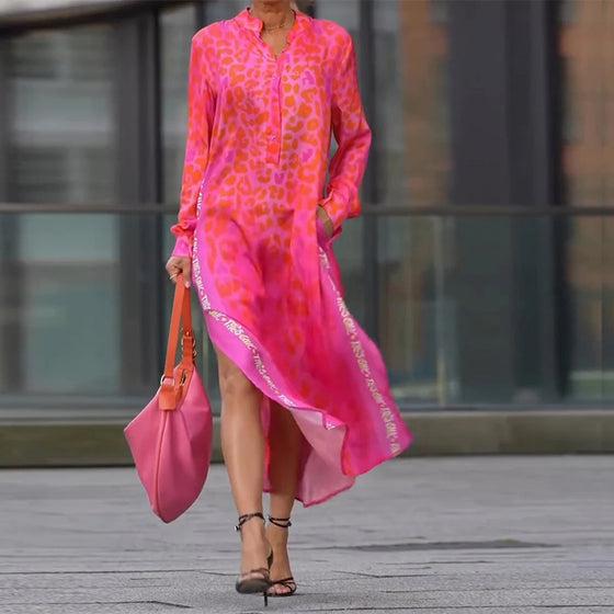 Robe Manches Longues Imprimé Léopard Fente