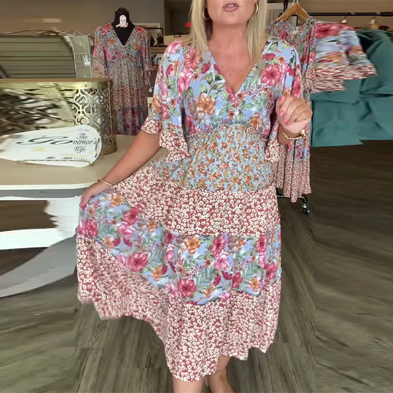 Robe Encolure En V Manche Lotus Fleuri