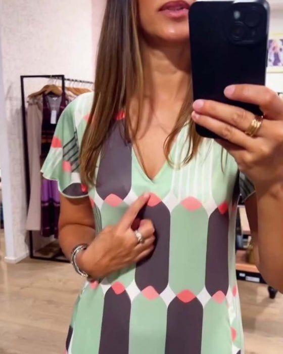 Robe Col En V Manches Courtes Jupe Ample