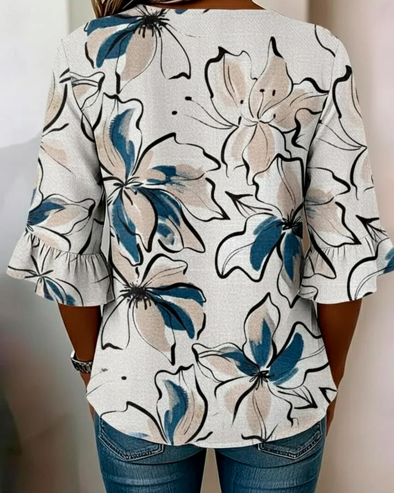 Blouse Col En V Fleuri Volant Manche 3/4