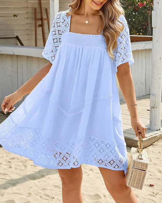 Robe Col Carré Dentelle Patchwork Unie