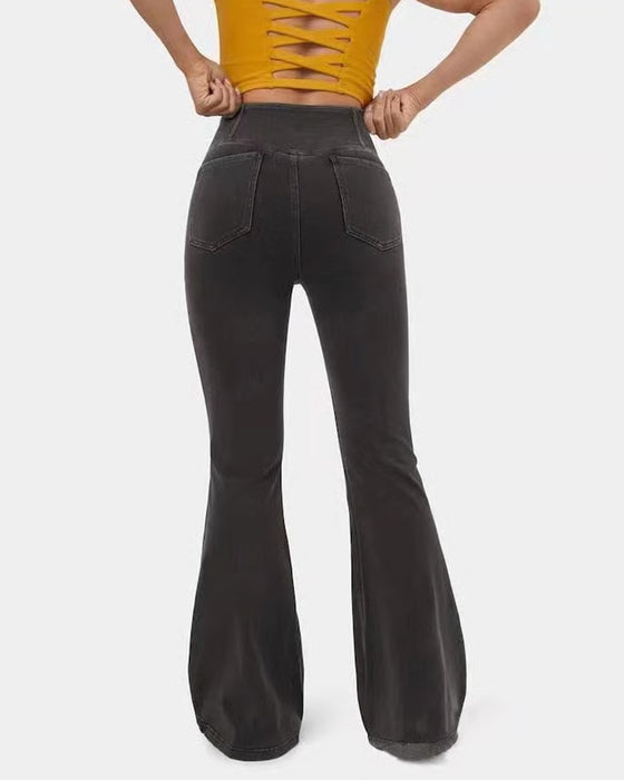 Pantalon Haute Élasticité Mode Poche Évasé