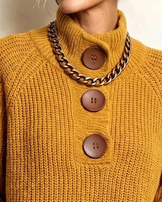 Pull Col Roulé Boutonné Manches Raglan