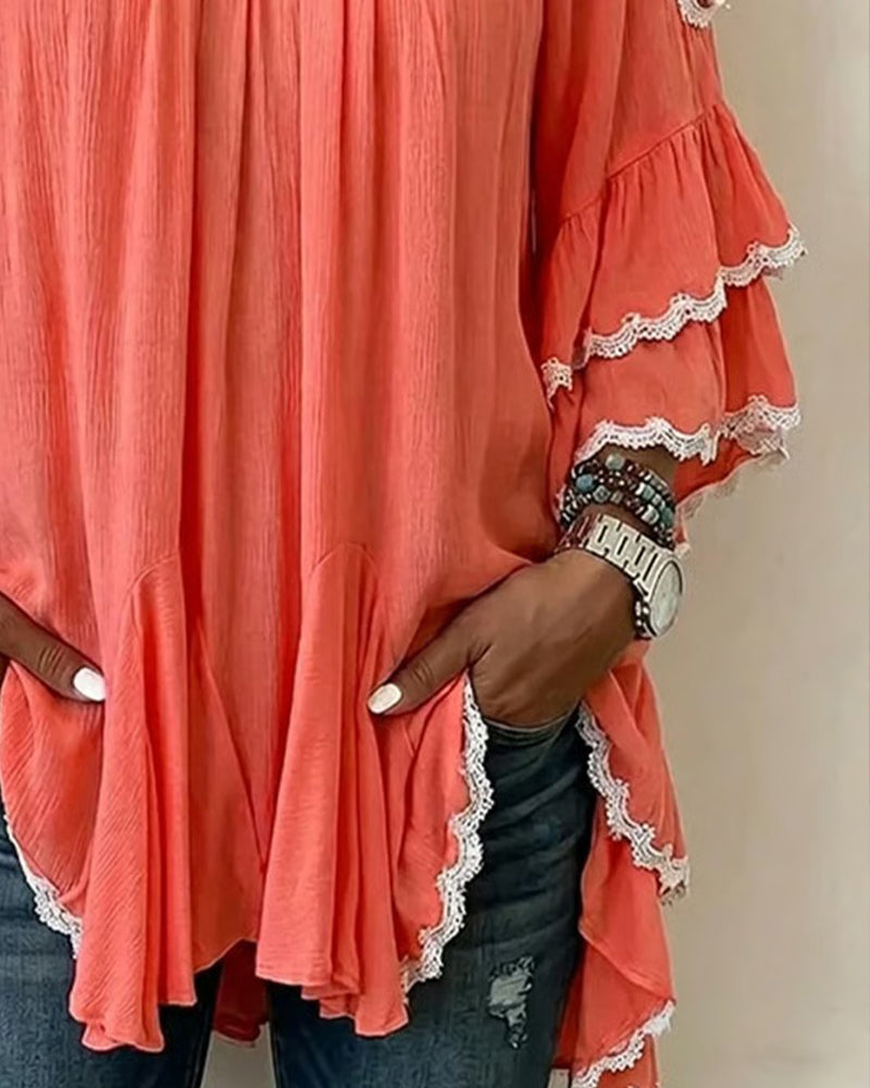 Blouse Épaules Dégagées Volant Manche Chauve-Souris Coupe Loose