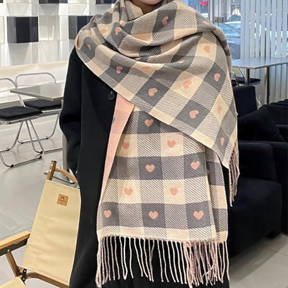 Cozy Heart Plaid Scarf – Écharpe Douce D'hiver Pour Filles Ou Couples