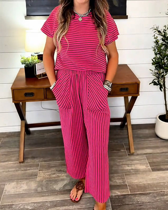 Ensemble Col Rond Rayé Taille Élastique Poche