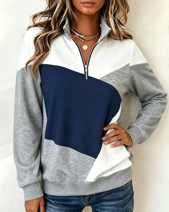 Sweatshirt Géométrique Bloc De Couleur Fermeture Éclair