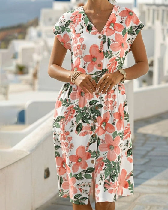 Robe Imprimé Floral Col V Manches Courtes