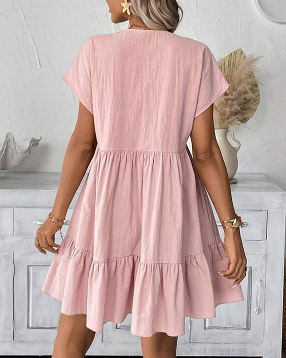 Robe Unie Col-V Volant-Garni