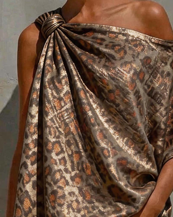 Blouse Or Feuille Léopard Une Épaule Twist