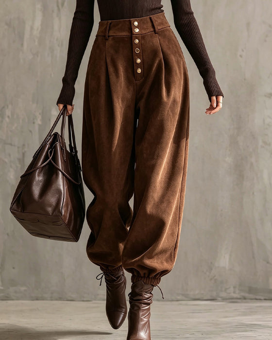 Pantalon Taille Haute Multi-Bouton Poignet Harem