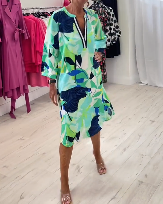 Robe Col Montant Manches Trois-Quarts Impression Numérique