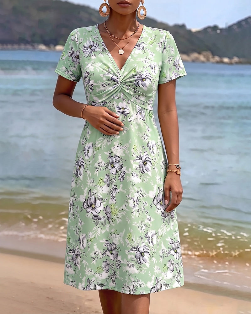 Robe Florale Col V Twist Nœud