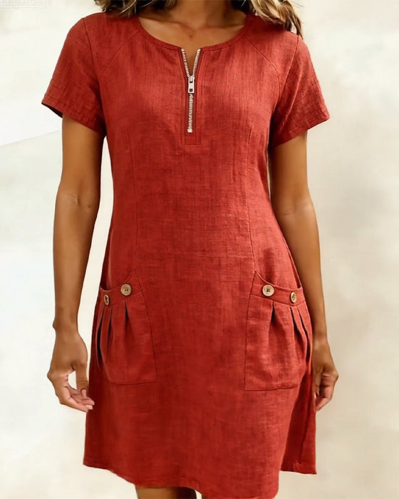 Robe Fermeture Éclair Poche Coton Lin