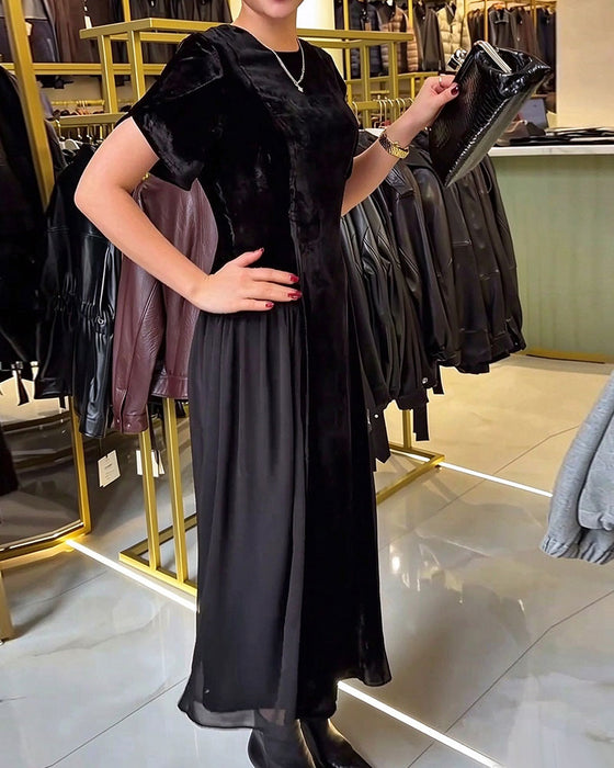 Robe Col Rond Plissé Slim Fit Grande Jupe