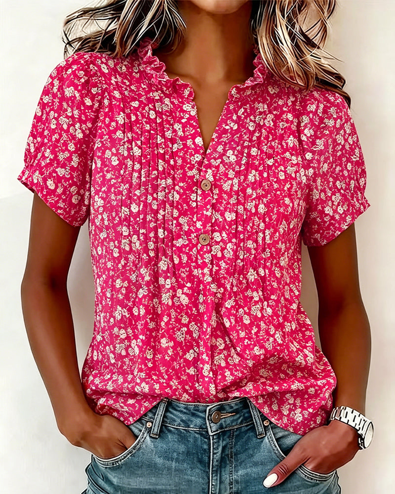 Blouse Col En V Bouton Imprimé Floral
