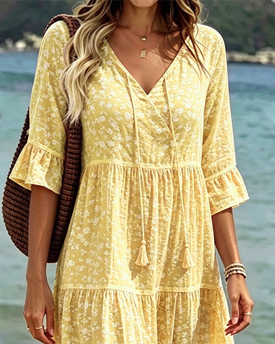 Robe Attacher Col En V Volant Fleuri Ligne A