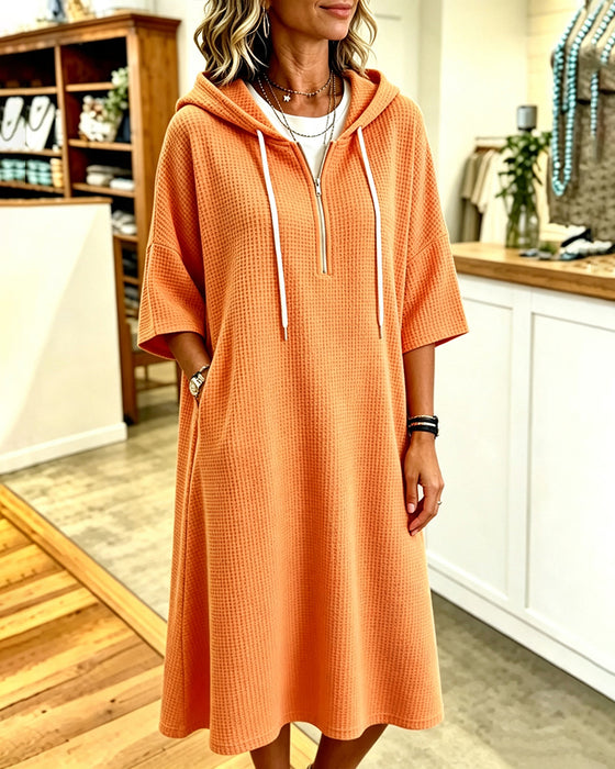 Robe Fermeture Éclair Gaufrier Capuche Manche-Trois-Quarts