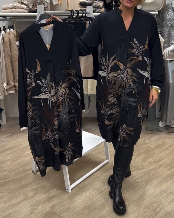 Robe Col V Imprimé Feuilles Manches Longues