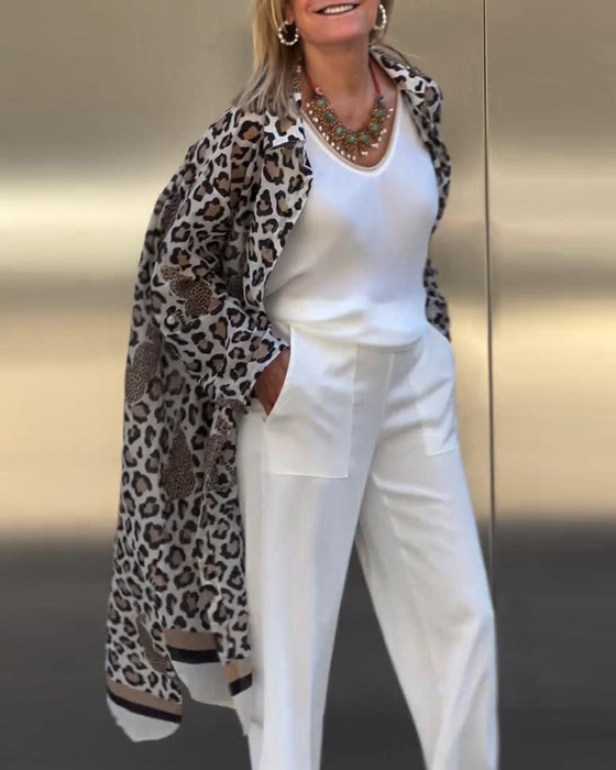 Manteau long décontracté à revers imprimé léopard