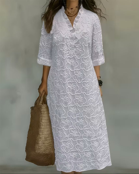 Robe Col V Dentelle Garniture Unie