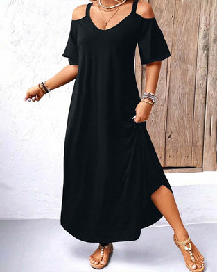 Robe Unie Col En V Épaules Dégagées Longue