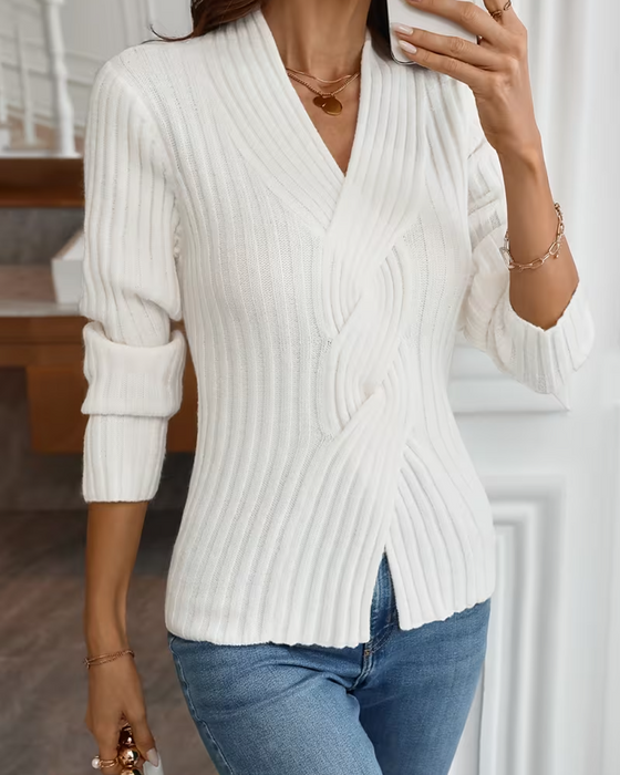 Pull Col V Nervuré Croisé Manches Longues
