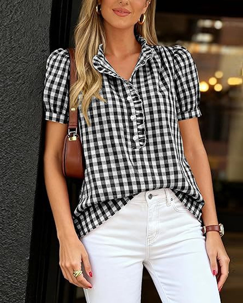 Blouse À Carreaux Bouffante Manches Courtes