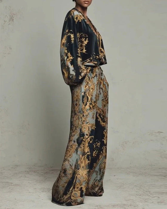 Ensemble Col En V Manche Lanterne Large Jambe Pantalon
