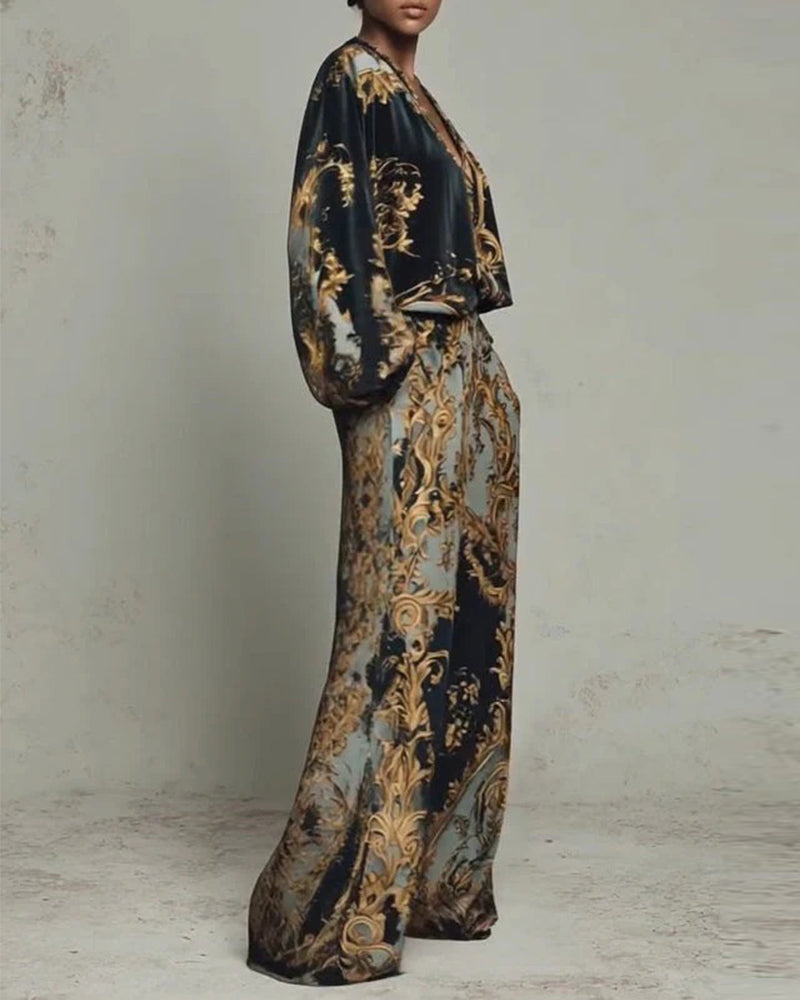 Ensemble Col En V Manche Lanterne Large Jambe Pantalon