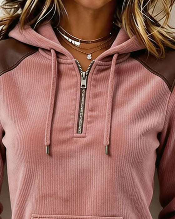 Sweat À Capuche Velours Côtelé Demi-Zip À Capuche