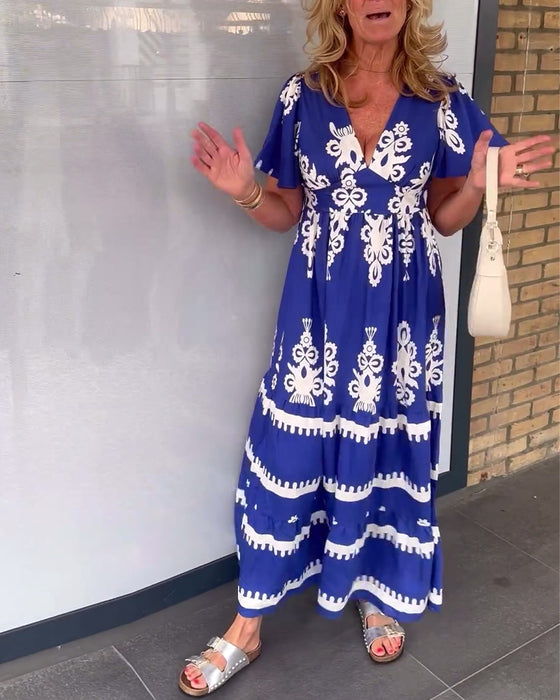 Robe longue élégante à col en V imprimé vintage