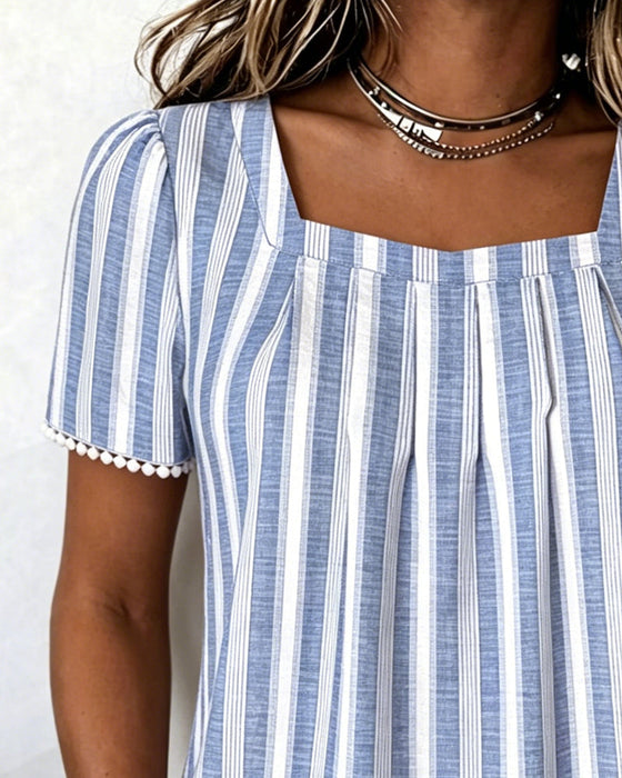 Blouse Rayée Col Carré Manches Courtes