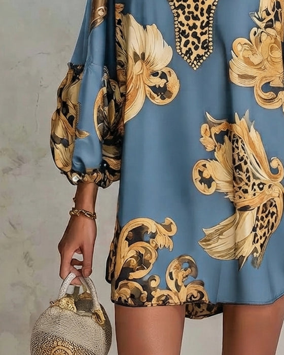 Robe Léopard Manche Lanterne Col Montant Imprimé