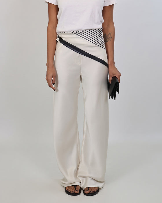 Pantalon Diagonal Rayé Patchwork Uni Jambe Large
