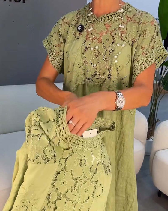 Robe Élégante Dentelle-Garni Patchwork Maxi