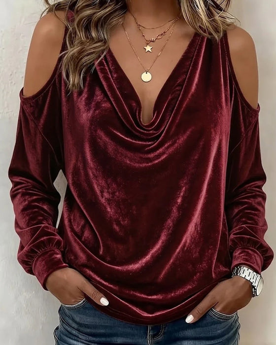 Blouse Velours Bardot Col Drapé Manches Longues